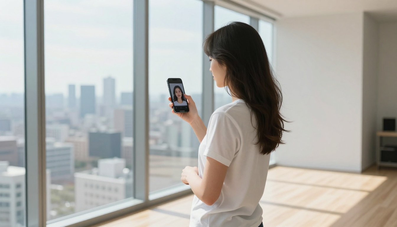 Beautiful woman standing by floor-to-ceiling windows in modern apartment holding phone showing AI avatar portrait Beautiful woman standing by floor-to-ceiling windows in modern apartment holding phone showing AI avatar portrait