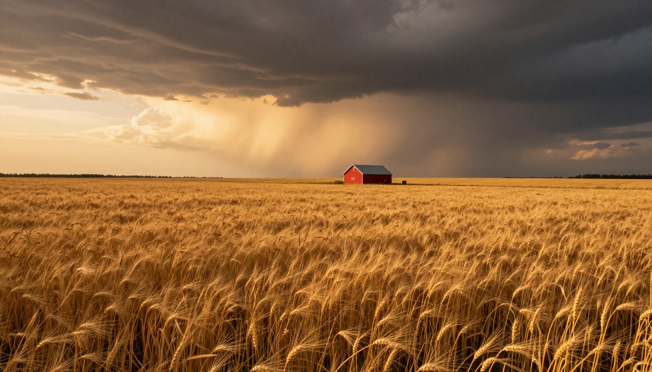Aerial cinematic landscape of golden wheat field at sunset with dramatic storm clouds