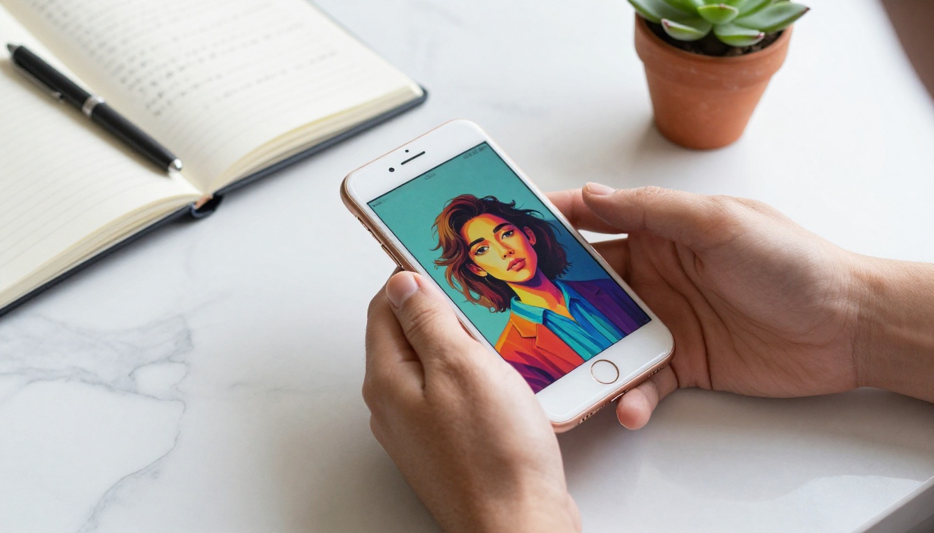 Hands holding smartphone displaying AI-generated portrait