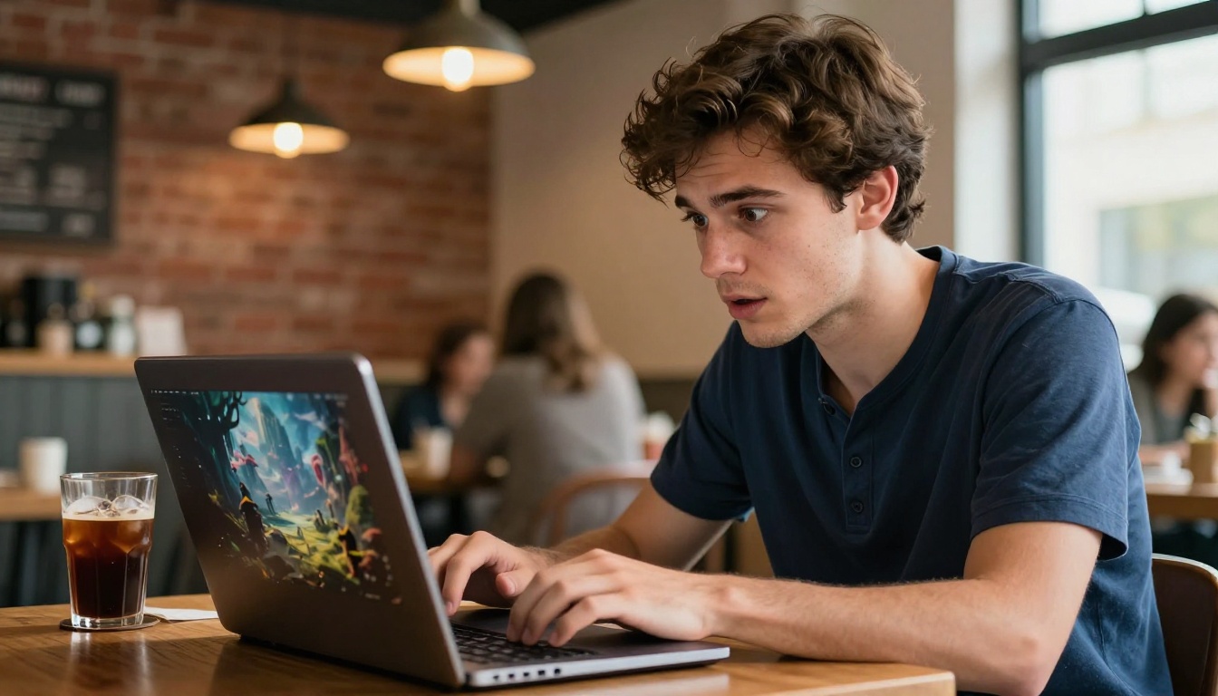 Young man at coffee shop laptop fascinated by AI-generated content