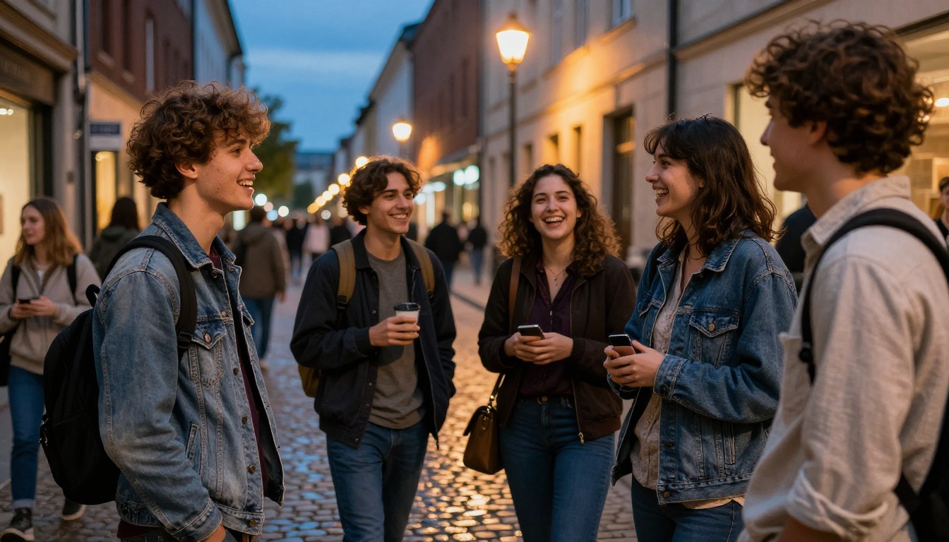 Candid street photograph of young people laughing outside a modern art gallery at dusk