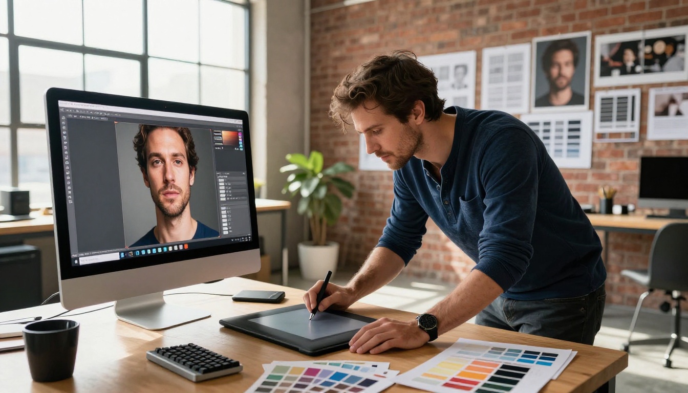 A professional photographer reviewing AI-generated images on a studio iMac