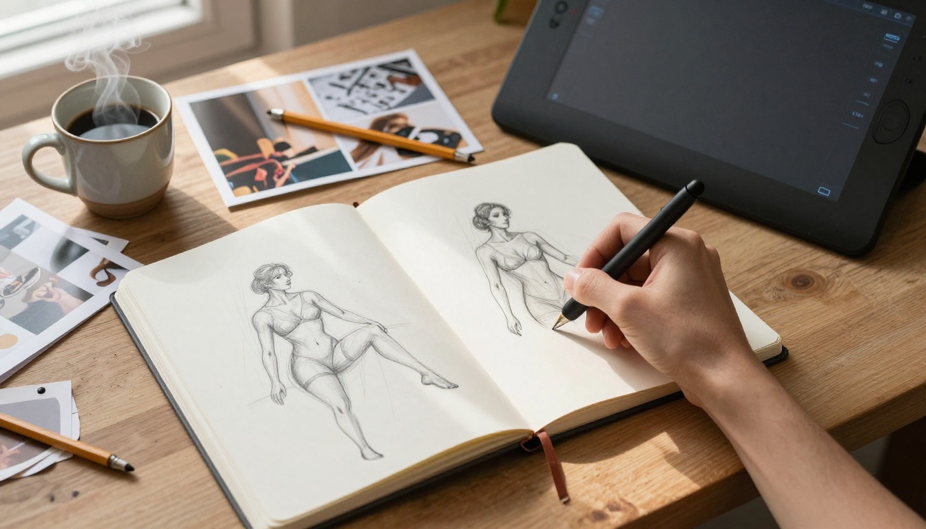 Overhead flat-lay of creative designer's desk with sketchbook, drawing tablet, and morning light