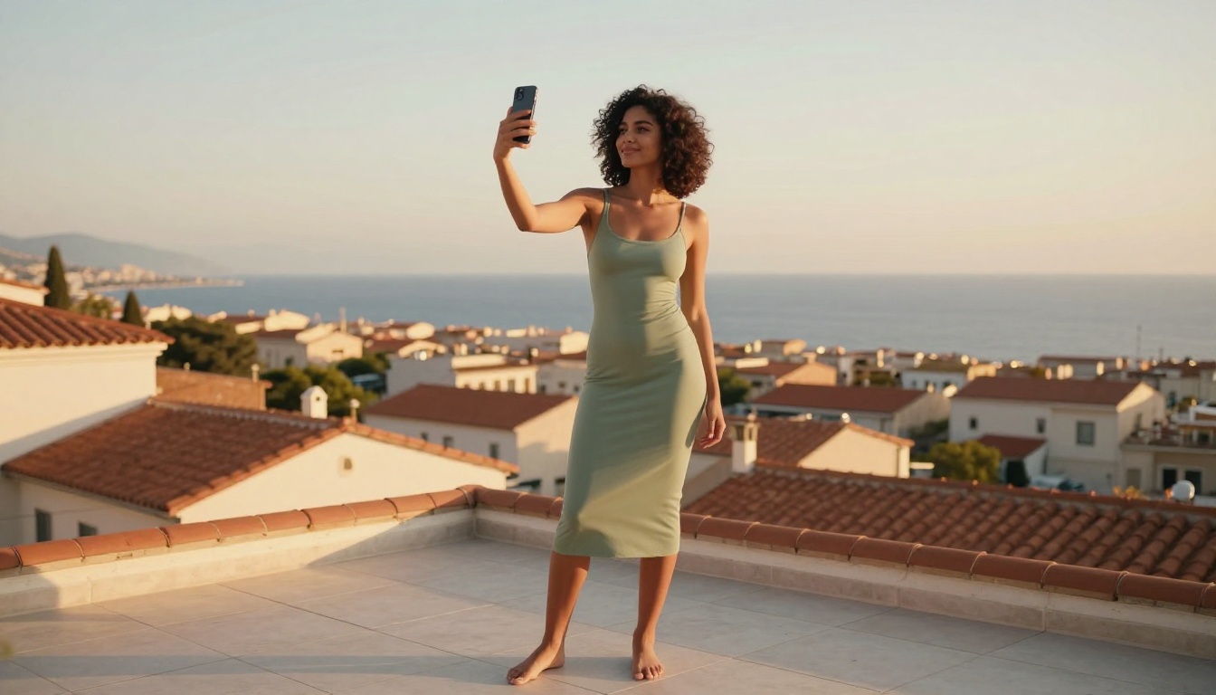 Woman in sage green dress on rooftop terrace at golden hour