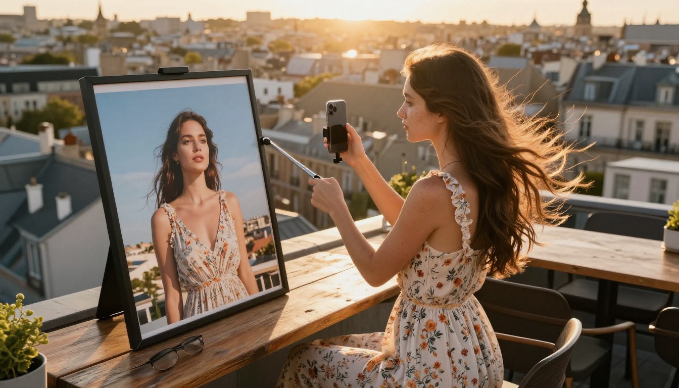 A young woman influencer showcasing AI-generated art prints at a rooftop café at golden hour