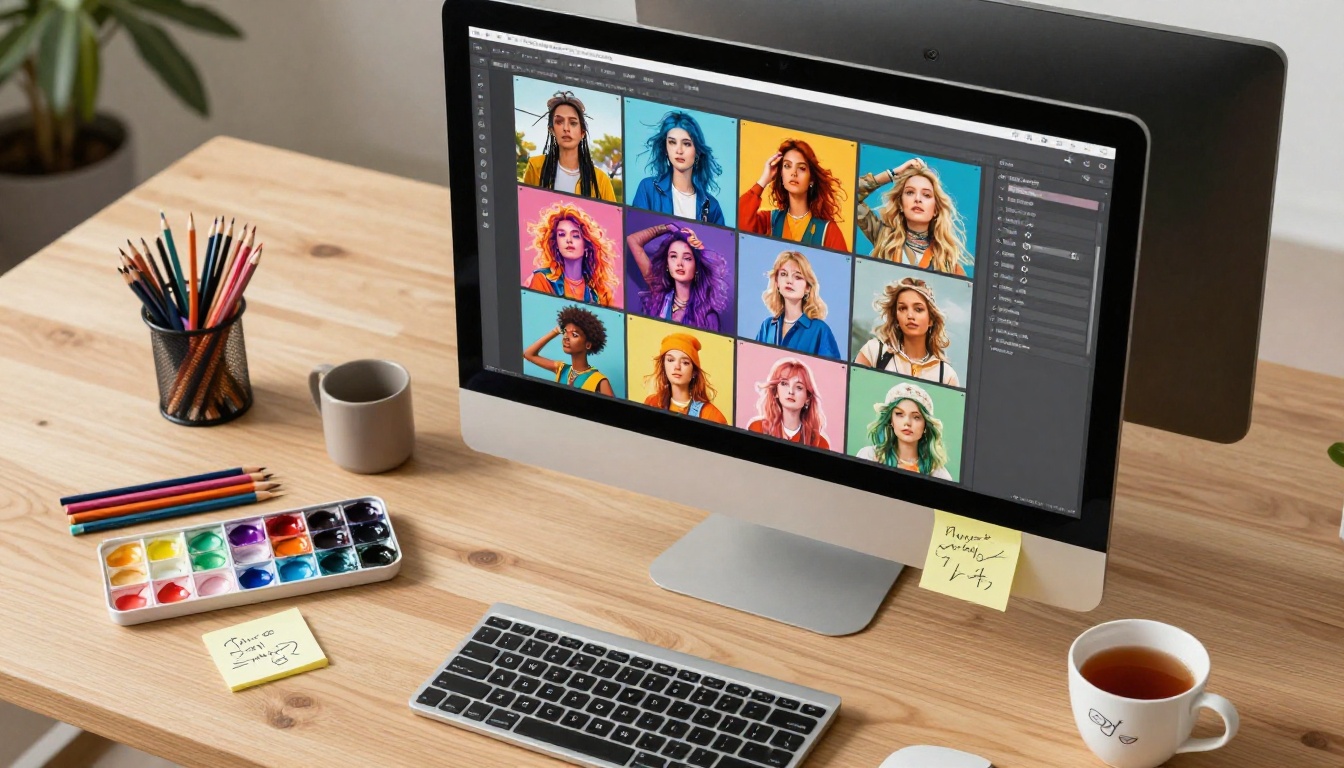 Creative workspace with monitor showing AI-generated images grid