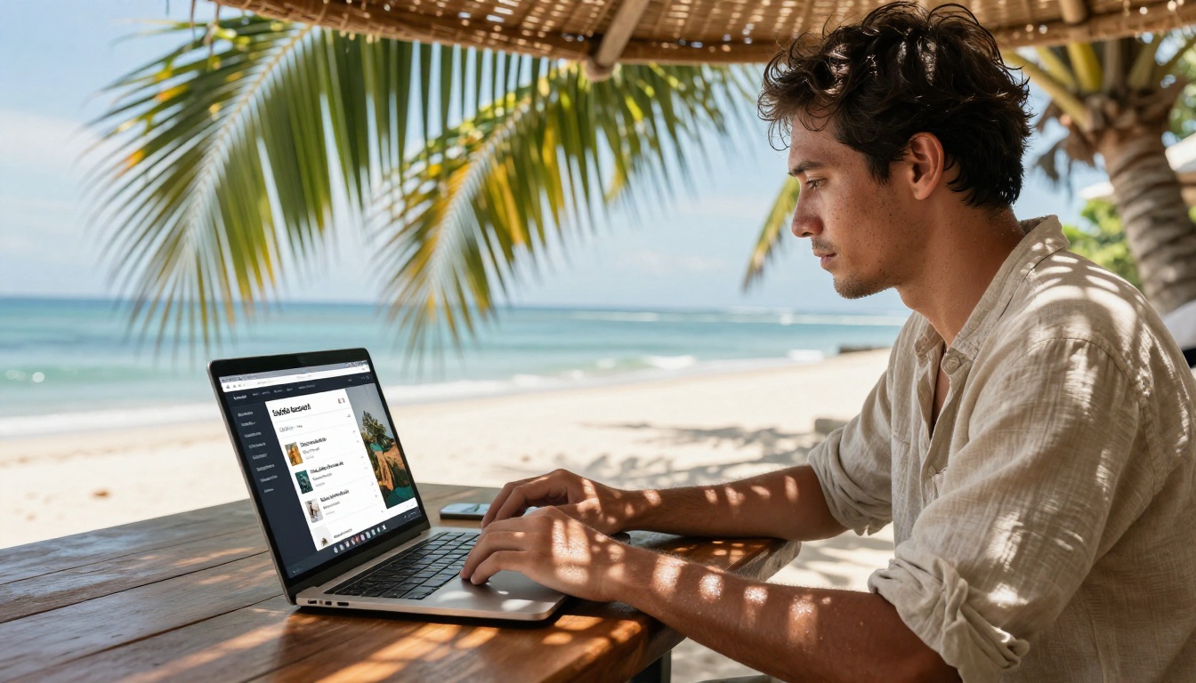 A man working remotely from a beachside café in Bali with a laptop showing sold digital art listings
