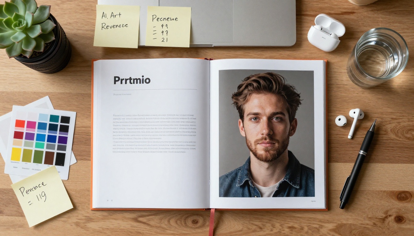 Overhead flat-lay of a creator's workspace with an open AI art portfolio book and revenue notes Overhead flat-lay of a creator's workspace with an open AI art portfolio book and revenue notes