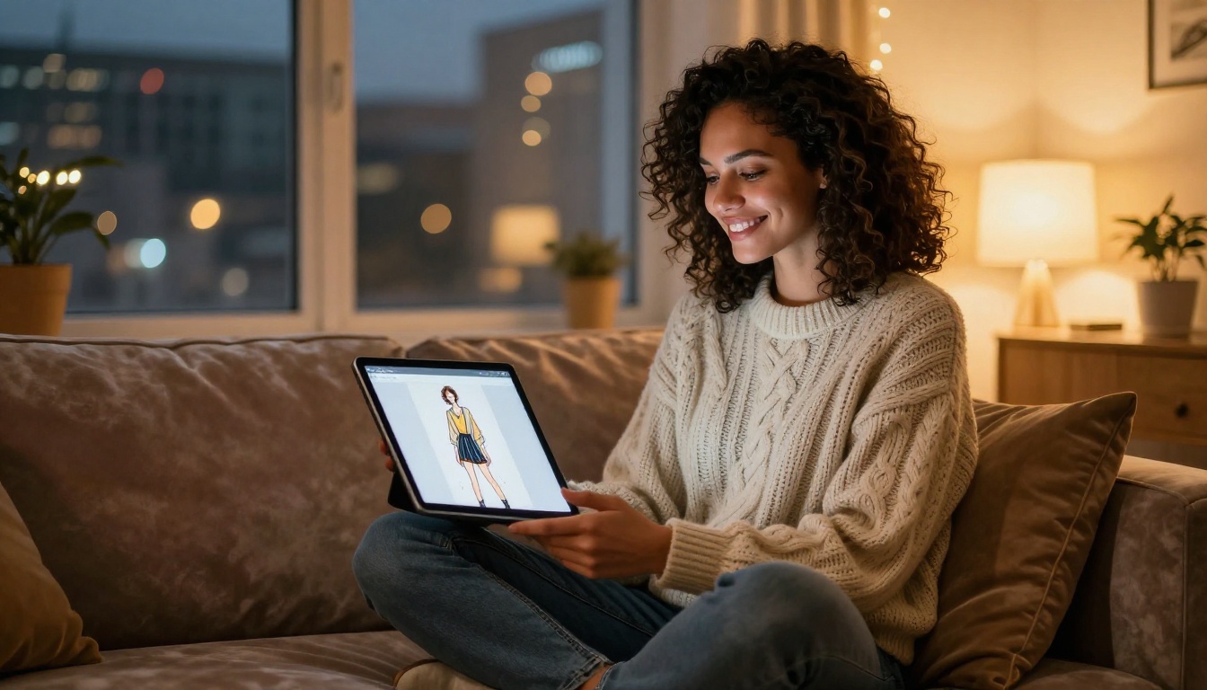 A woman digital artist smiling at her tablet displaying completed AI-generated fashion illustrations in her apartment A woman digital artist smiling at her tablet displaying completed AI-generated fashion illustrations in her apartment