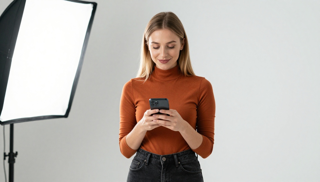 Woman in turtleneck holding phone with soft studio lighting
