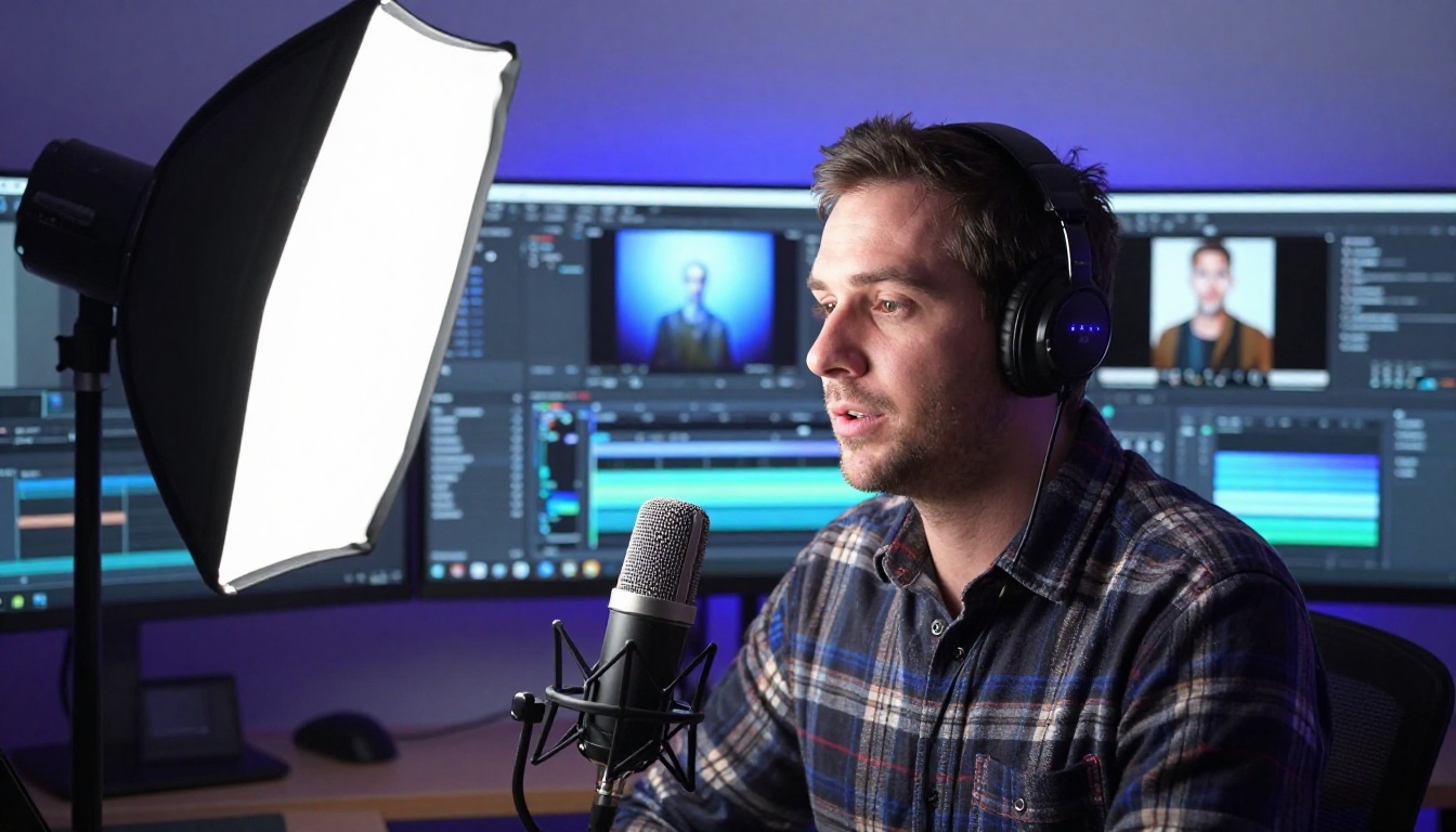 A man recording a YouTube tutorial about AI tools for creators with a professional microphone setup A man recording a YouTube tutorial about AI tools for creators with a professional microphone setup