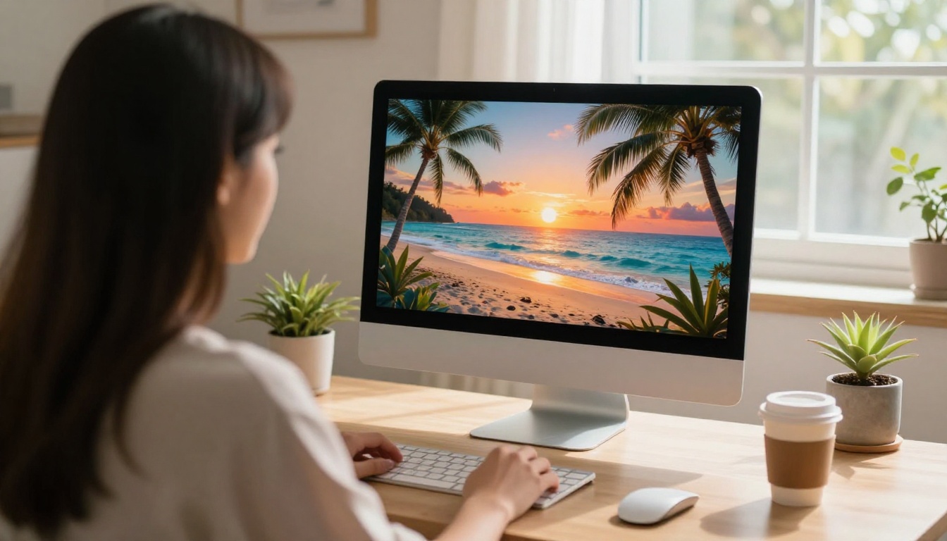 Woman at desk viewing AI-generated image on large iMac screen