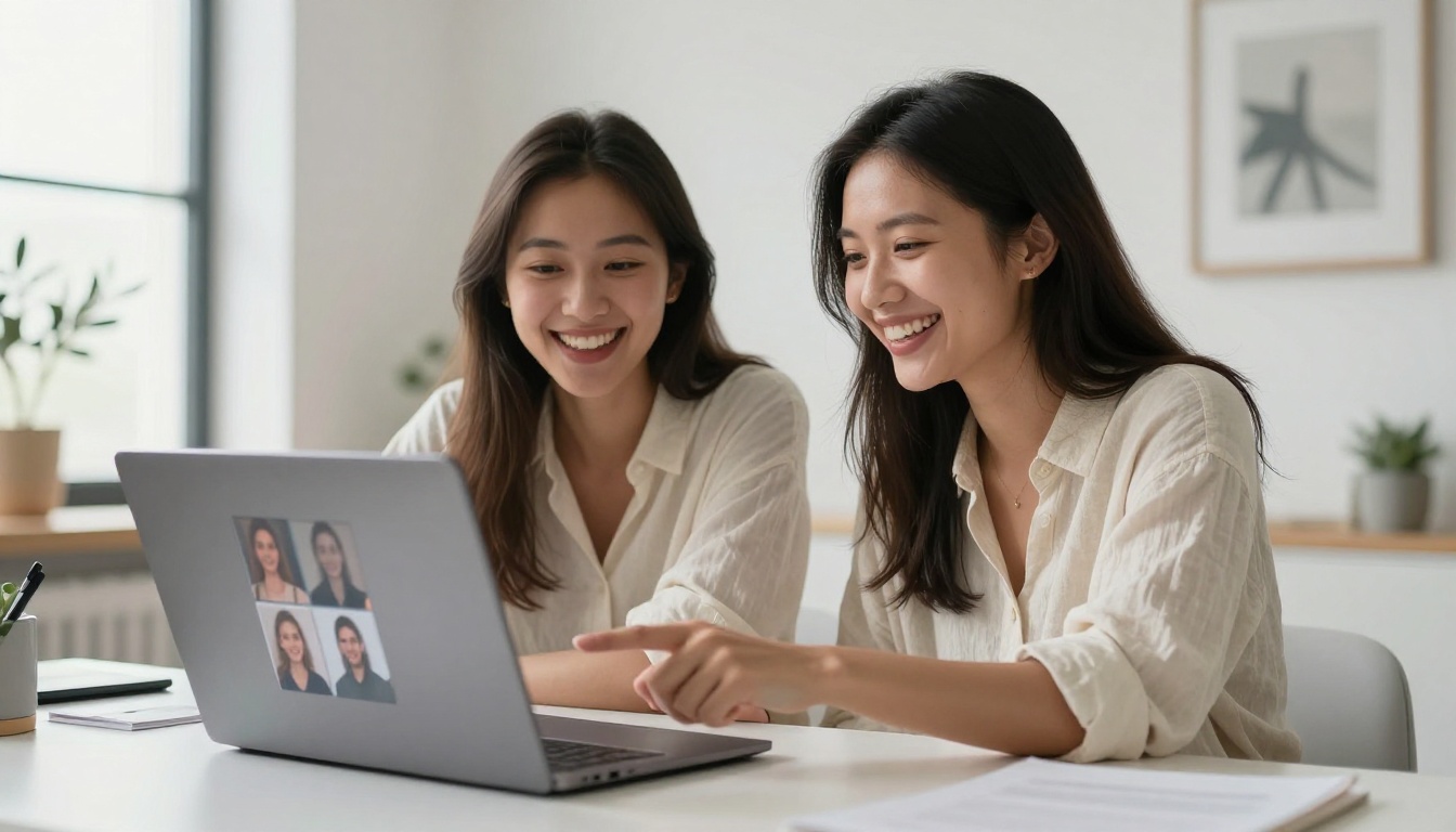 Two young women collaborating on AI image generation at a laptop in a bright minimal studio Two young women collaborating on AI image generation at a laptop in a bright minimal studio