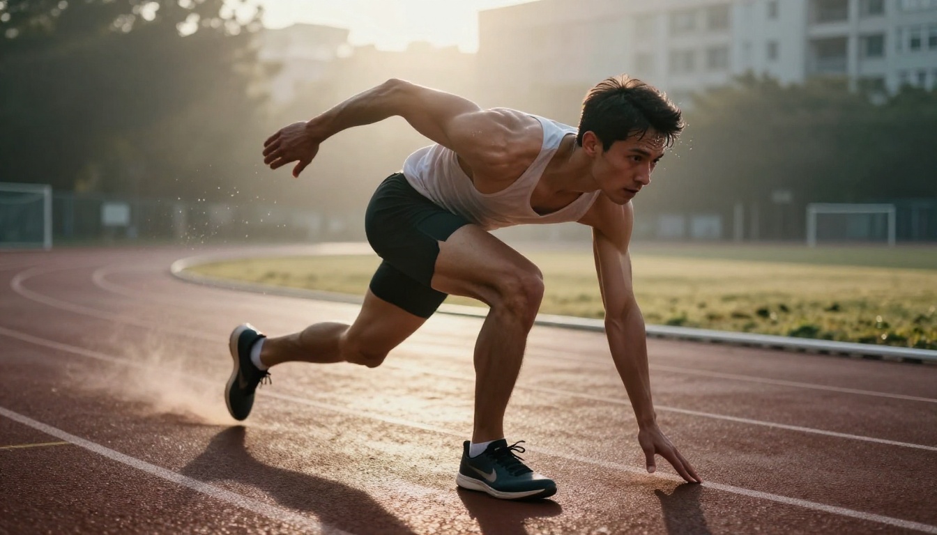 Athletic male sprinter in dynamic low-angle action shot at dawn with motion blur Athletic male sprinter in dynamic low-angle action shot at dawn with motion blur