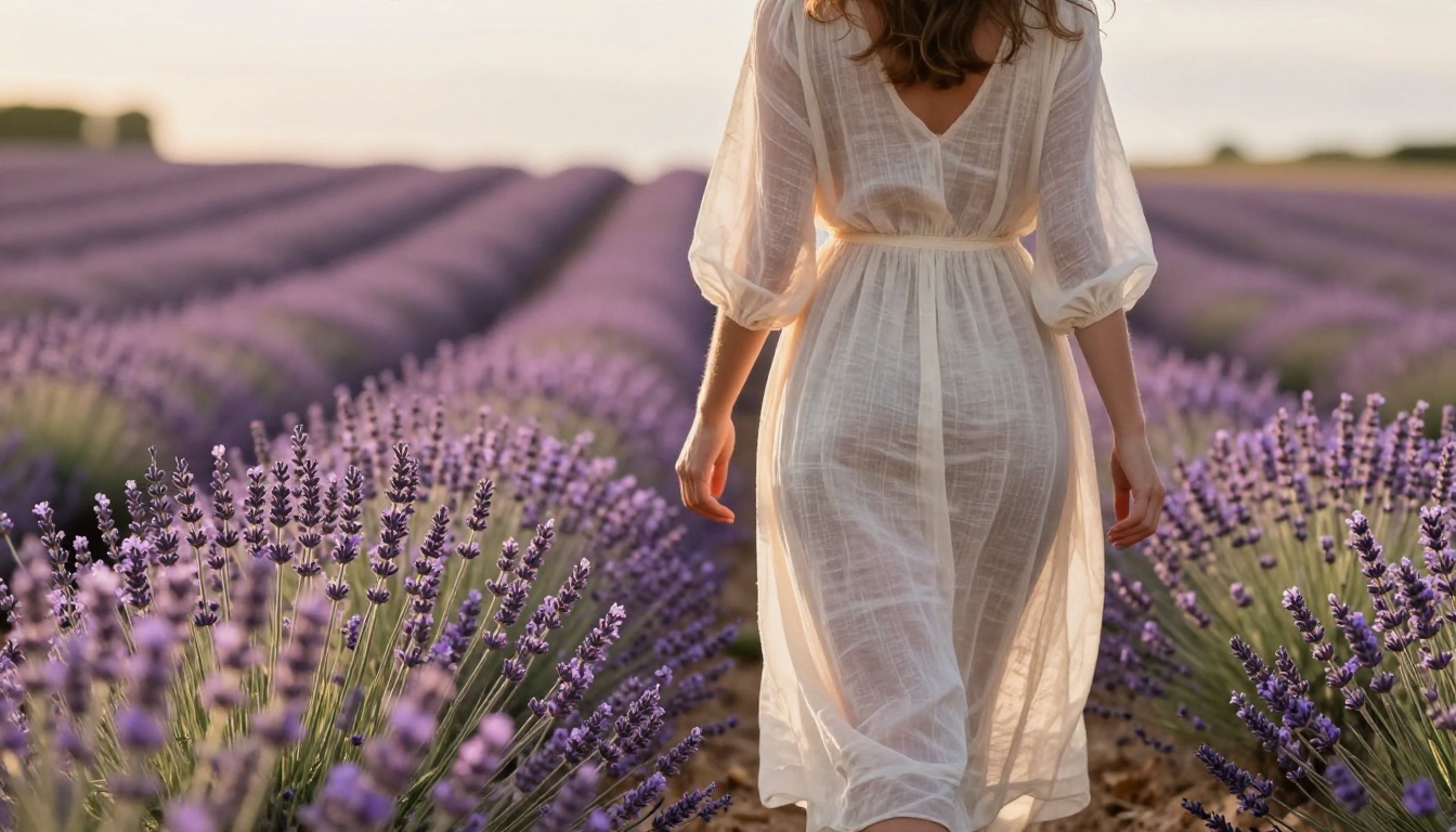 Elegant woman in cream linen dress walking through sunlit lavender field in Provence Elegant woman in cream linen dress walking through sunlit lavender field in Provence