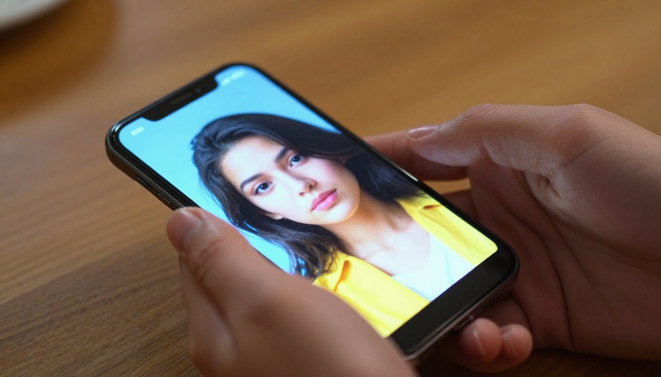 Close-up of hands holding smartphone showing a vivid AI-generated portrait on screen Close-up of hands holding smartphone showing a vivid AI-generated portrait on screen