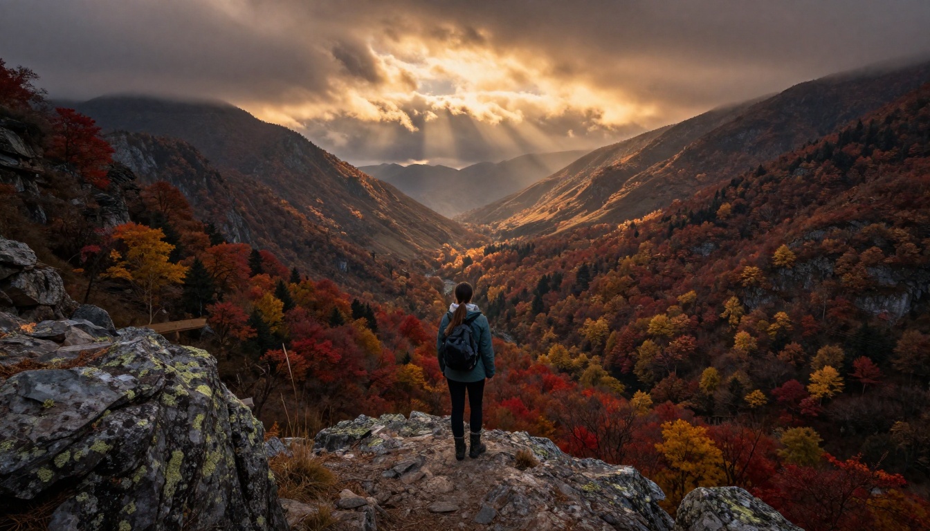 Cinematic wide shot of female hiker on mountain ridge overlooking autumn valley at golden hour Cinematic wide shot of female hiker on mountain ridge overlooking autumn valley at golden hour