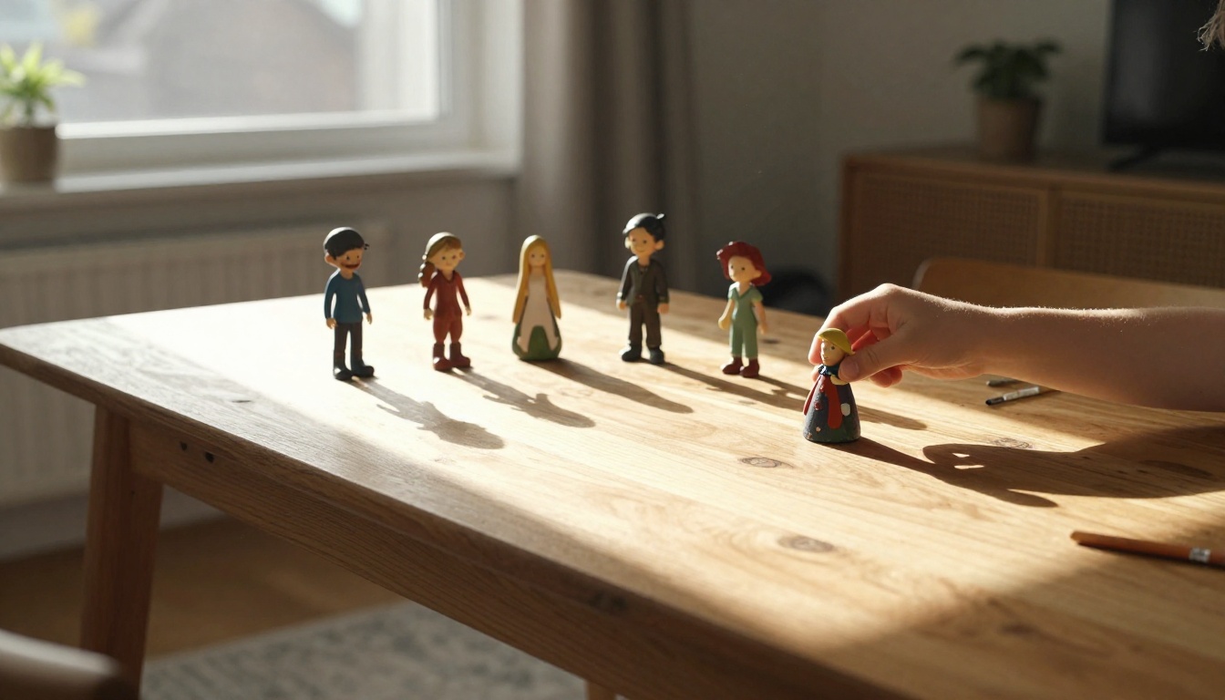 Family interacting with handmade figurines