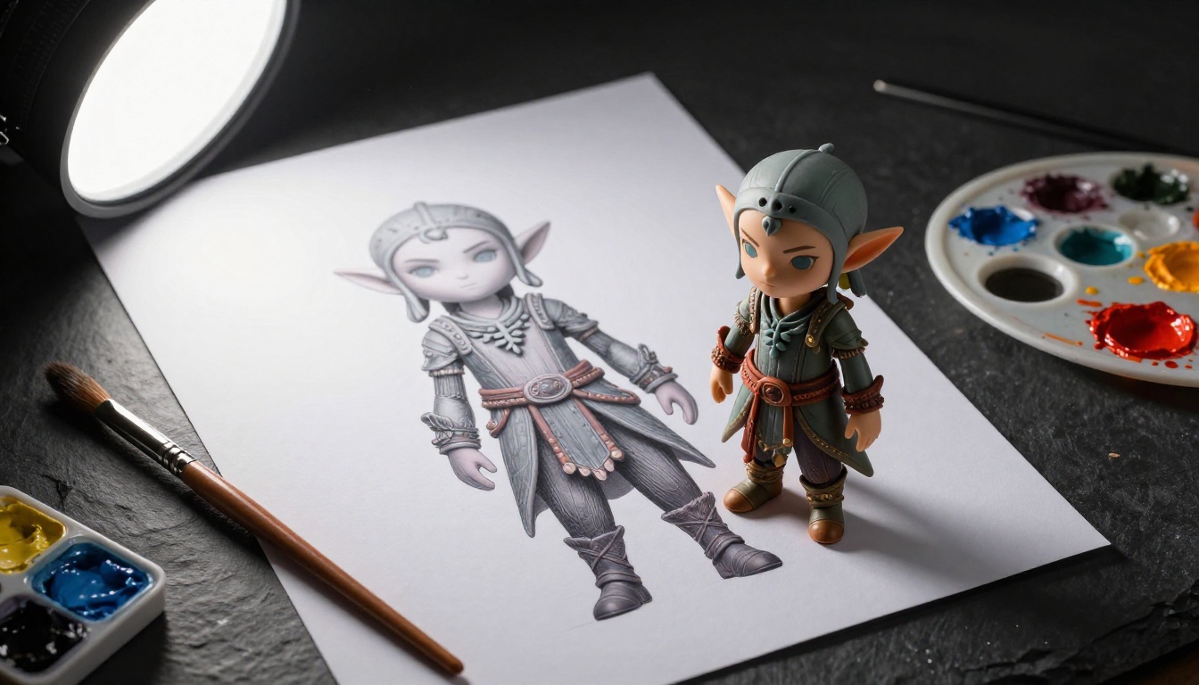 AI concept art to physical figurine workflow flat-lay