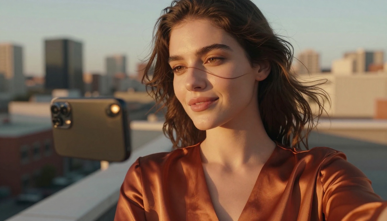 Woman taking rooftop selfie at golden hour