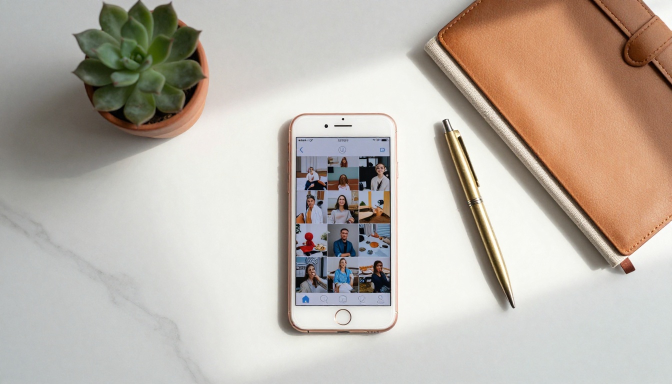 Aerial flat lay of smartphone and desk accessories