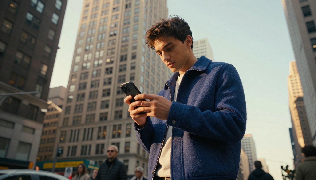 Low-angle shot of man on urban street with phone