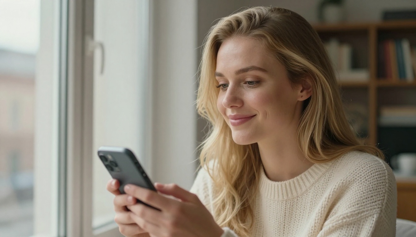 Woman smiling at phone by window with warm morning light