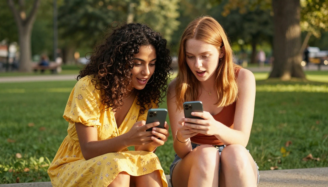 Two women sharing phone moment in sunny park