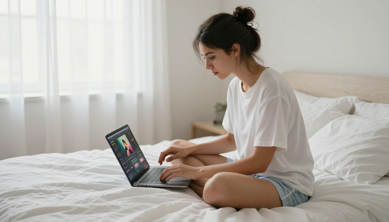 Creative woman editing photos on laptop in bed