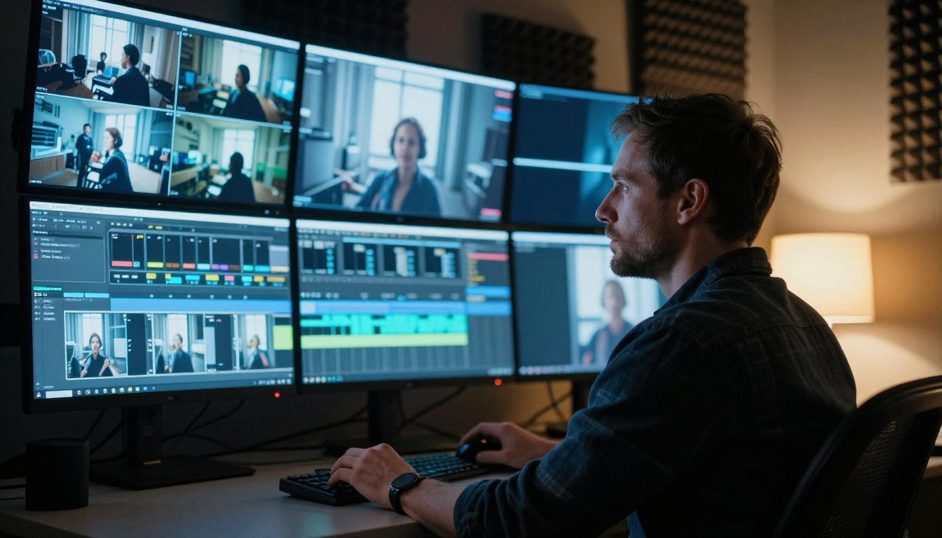 Film editor reviewing AI-generated footage on timeline monitors