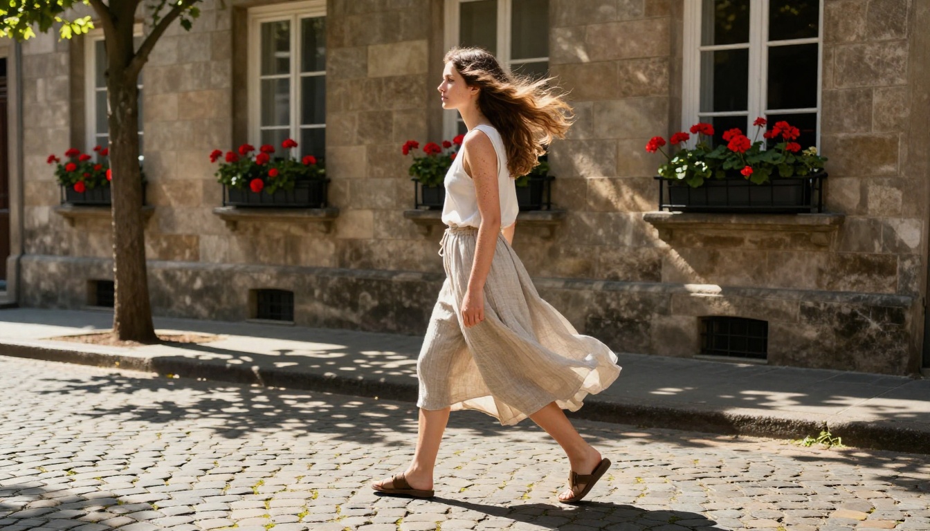 Woman walking naturally on sunlit cobblestone European street