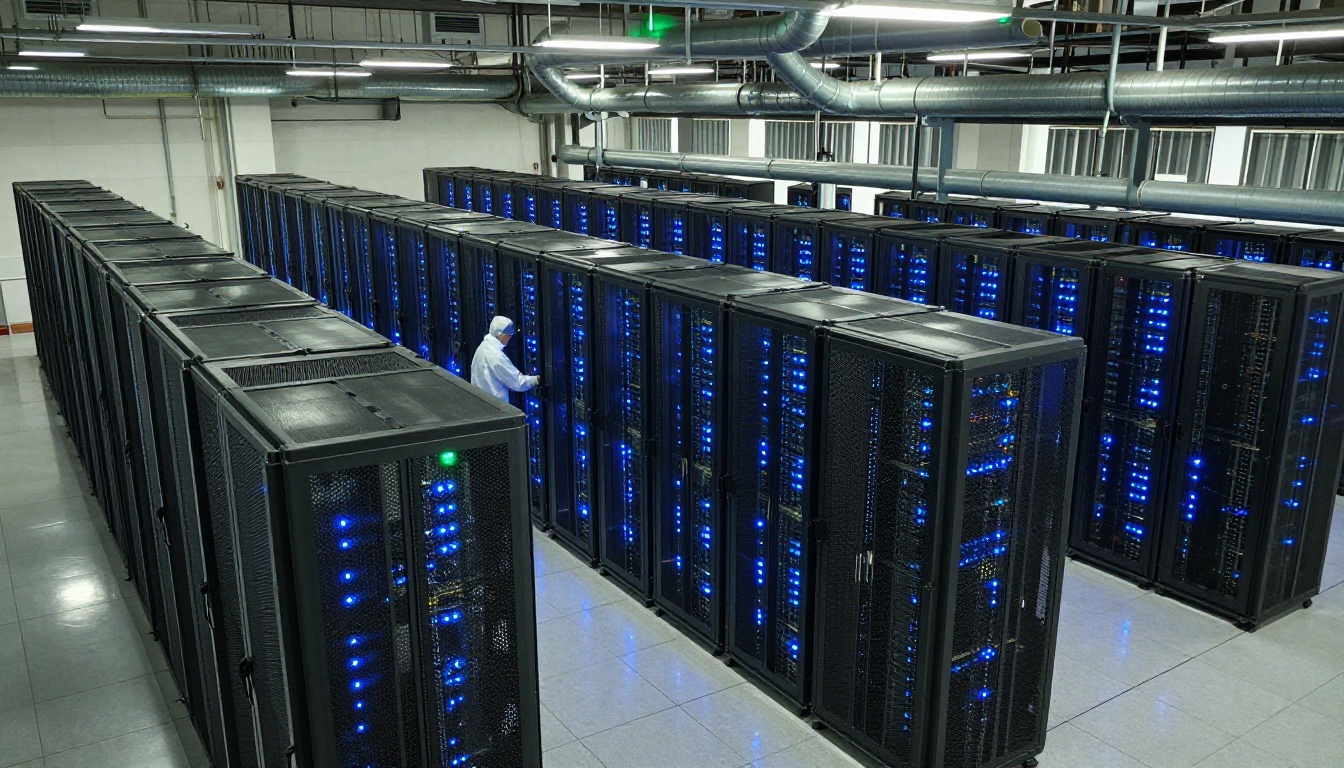 Hyperscale data center with server racks processing AI model workloads
