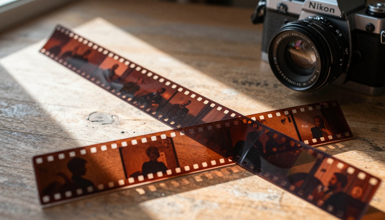 35mm film strip showing individual video frames on weathered wooden desk 35mm film strip showing individual video frames on weathered wooden desk