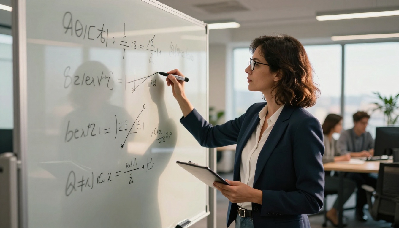 Researcher explaining AI video physics on glass whiteboard in tech office Researcher explaining AI video physics on glass whiteboard in tech office