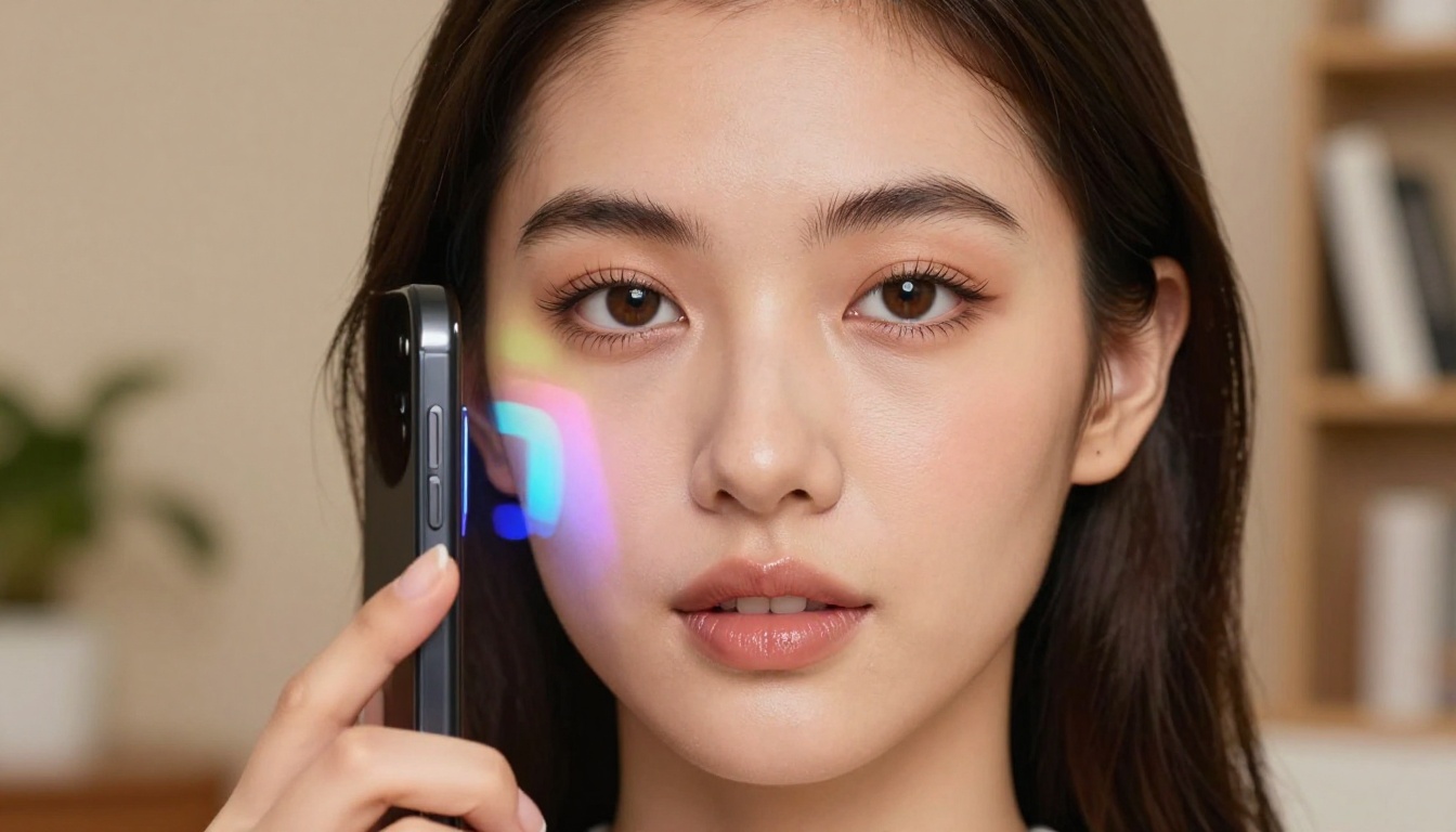 Close-up of a woman experiencing an AI beauty filter effect with a smartphone beside her face Close-up of a woman experiencing an AI beauty filter effect with a smartphone beside her face