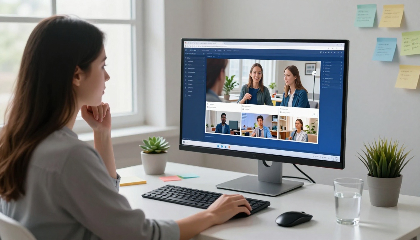 Content creator generating AI video at minimal white workspace Content creator generating AI video at minimal white workspace