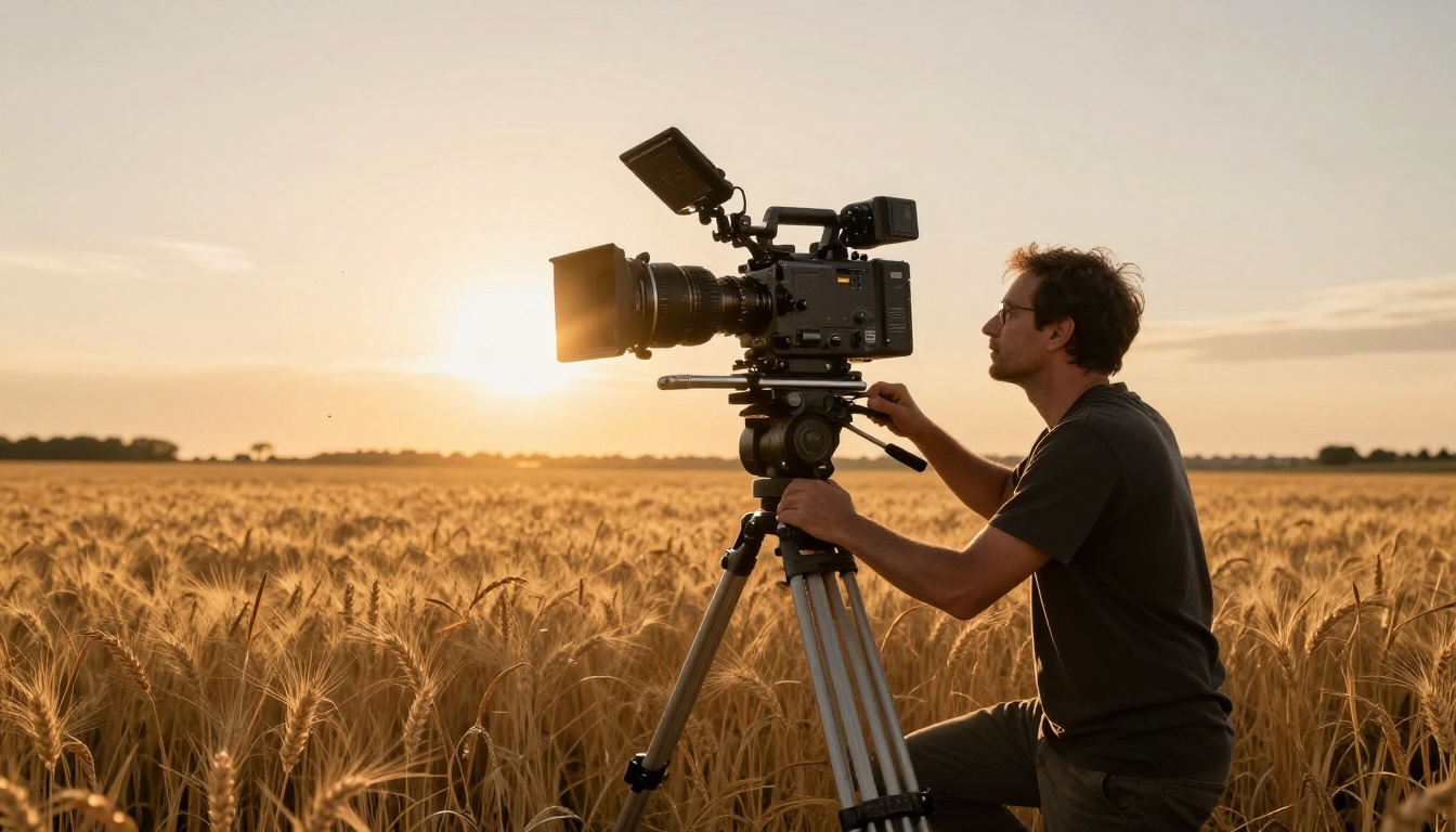 Professional cinematographer capturing cinematic footage in golden wheat field at sunset Professional cinematographer capturing cinematic footage in golden wheat field at sunset