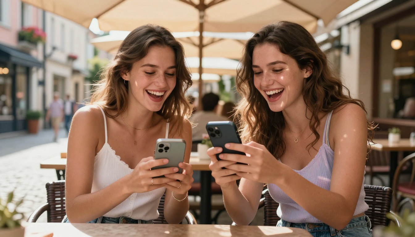 Two young women laughing together over AI filter results on a smartphone at a sunlit café terrace Two young women laughing together over AI filter results on a smartphone at a sunlit café terrace