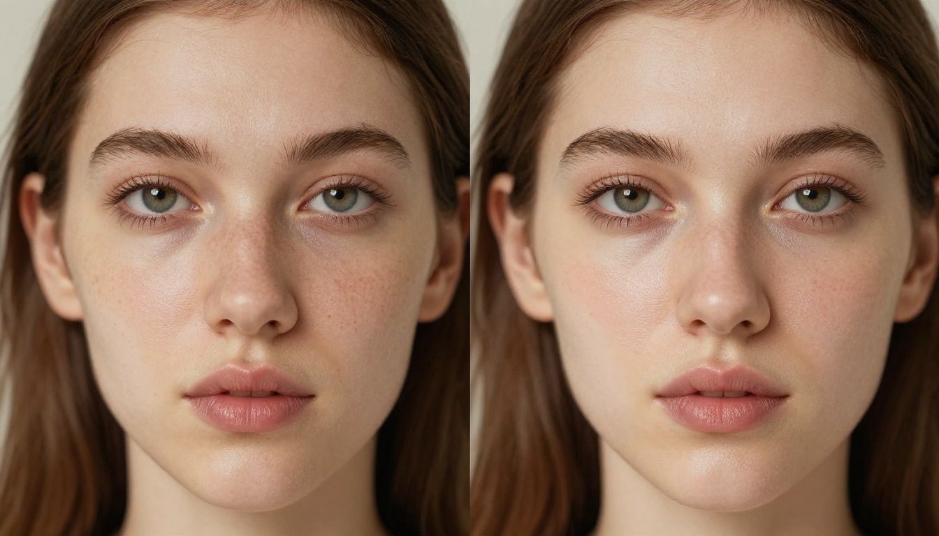 Before-and-after AI beauty filter showing natural skin alongside enhanced skin rendering Before-and-after AI beauty filter showing natural skin alongside enhanced skin rendering