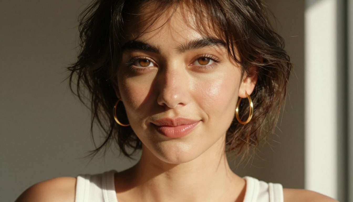Close-up portrait of photorealistic AI influencer with natural skin texture