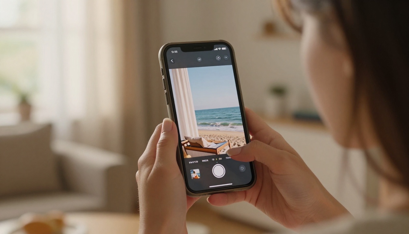 Woman holding a smartphone showing AI background replacement filter with a beach scene overlay Woman holding a smartphone showing AI background replacement filter with a beach scene overlay