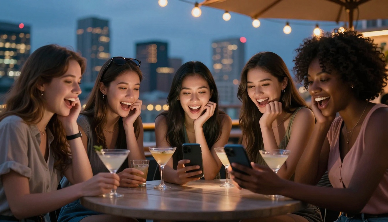 Group of three diverse women reacting to lipsync AI filter results at a rooftop bar at dusk Group of three diverse women reacting to lipsync AI filter results at a rooftop bar at dusk