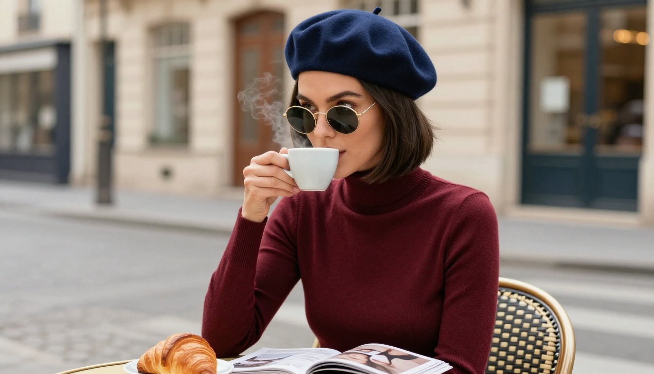 Elegant AI influencer at outdoor Parisian cafe in chic fashion Elegant AI influencer at outdoor Parisian cafe in chic fashion