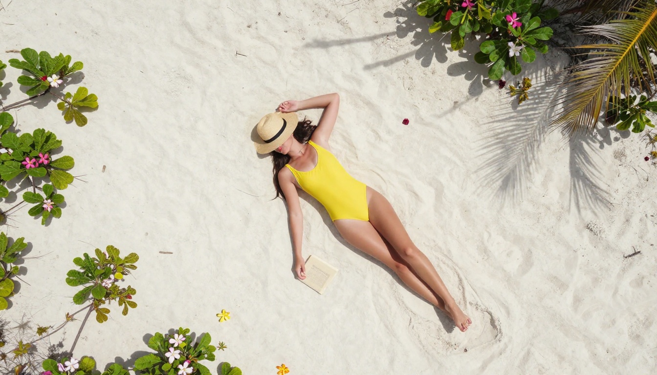 Aerial beach view of virtual influencer in yellow swimsuit on white sand
