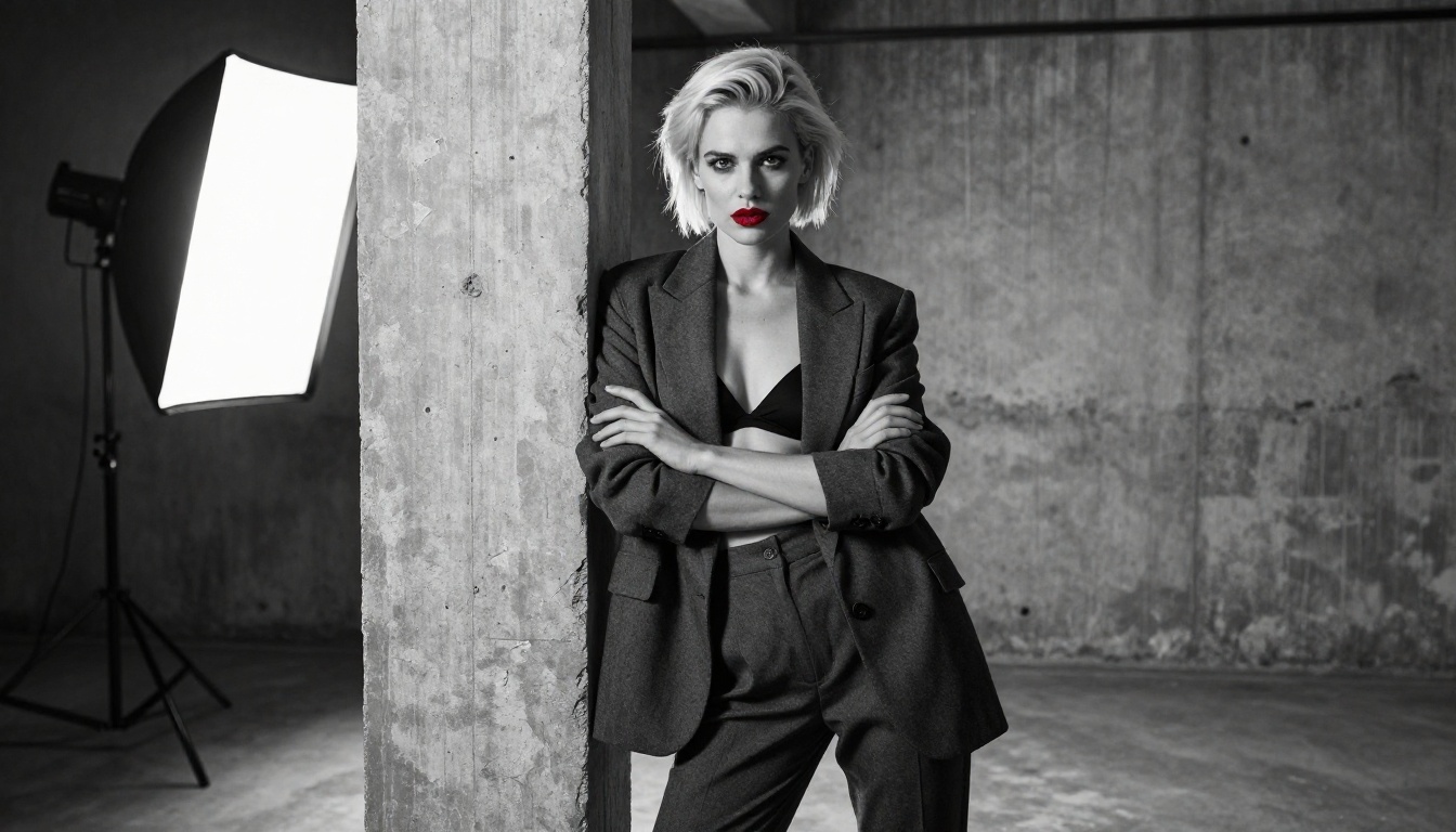 Editorial AI influencer with blazer in industrial loft space Editorial AI influencer with blazer in industrial loft space