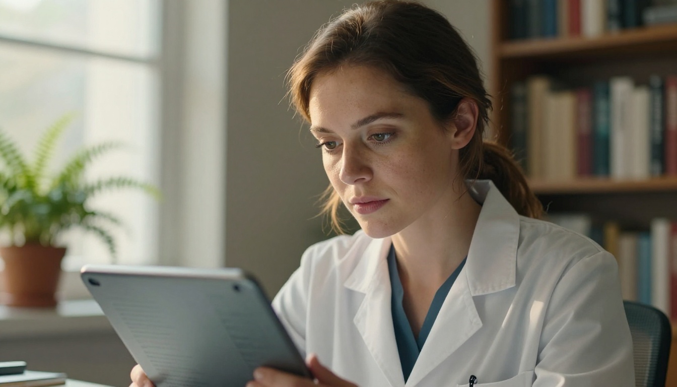 AI researcher reviewing data on a glass tablet in a sunlit office