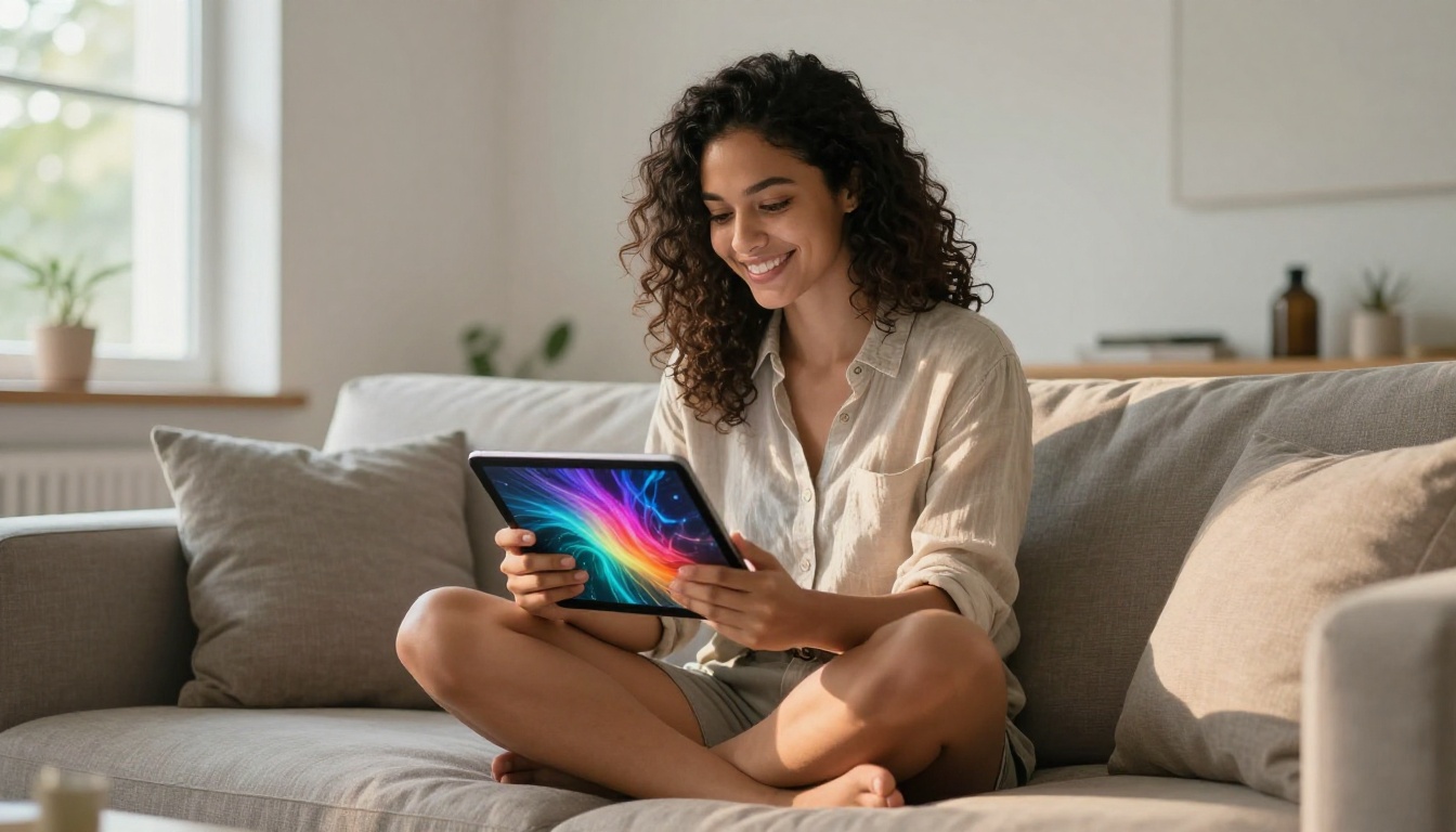 Woman smiling at AI-generated content on tablet