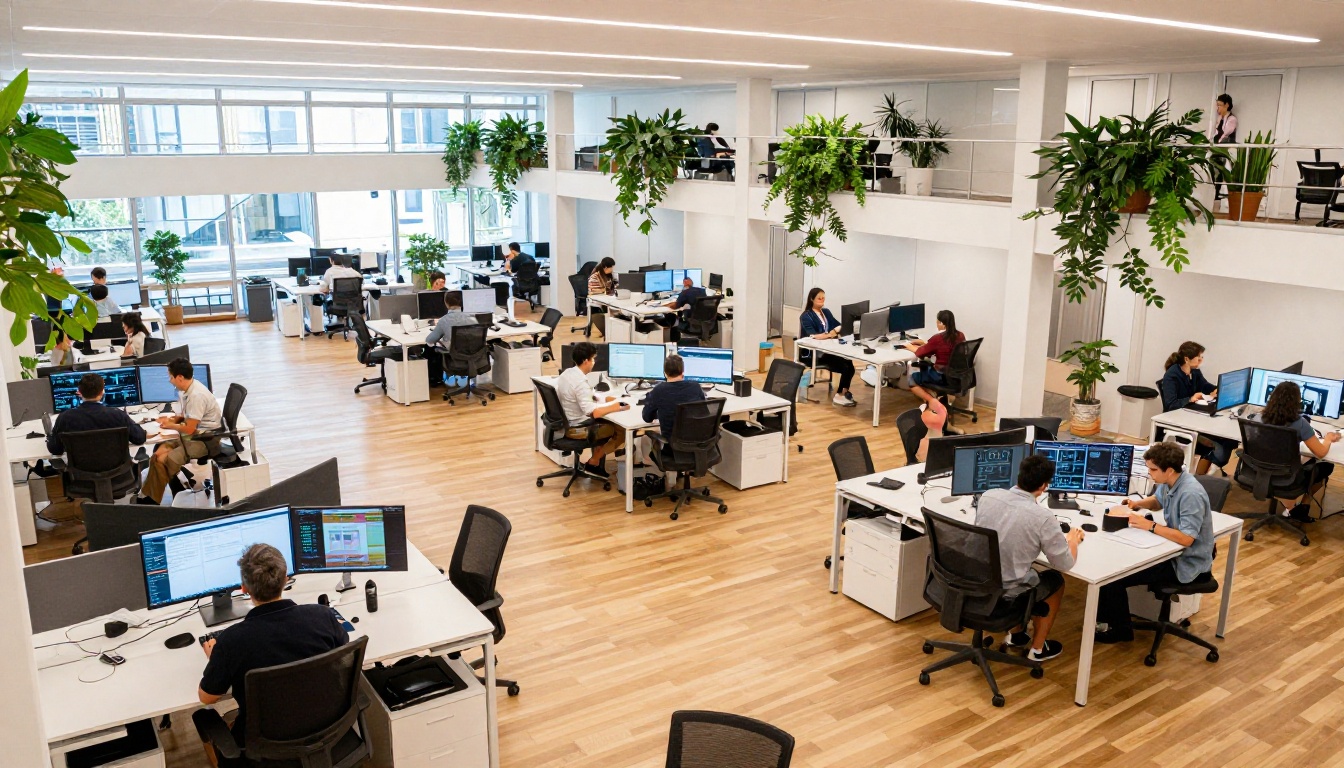 Diverse team of professionals working at desks in a modern open-plan tech office