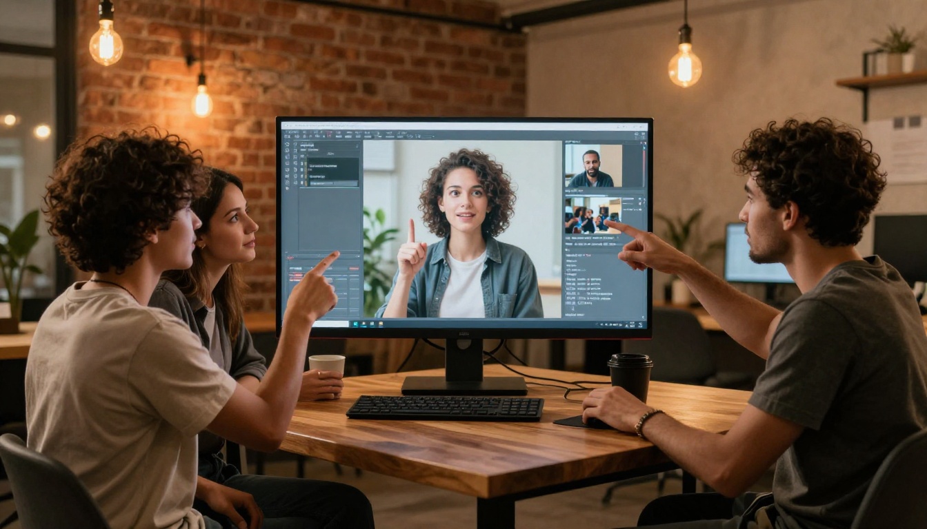 Diverse creators collaborating at a monitor