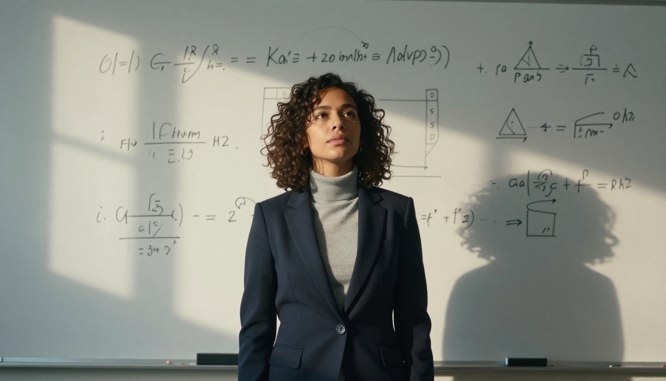 Woman standing confidently at a whiteboard covered in equations and diagrams